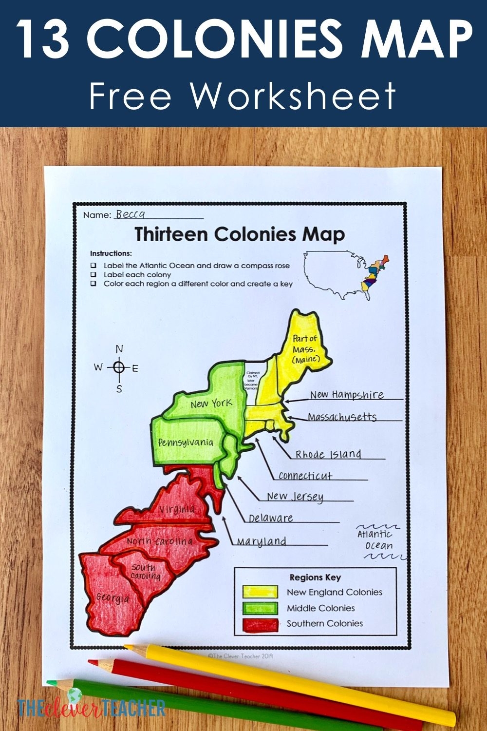 13 Original Colonies Printable Map