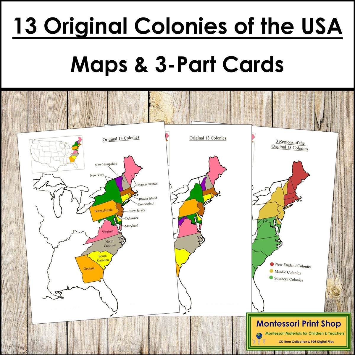 13 Original Colonies Of The USA Maps Information 3 part Cards Montessori Geography Printable Montessori Materials Digital Download Etsy