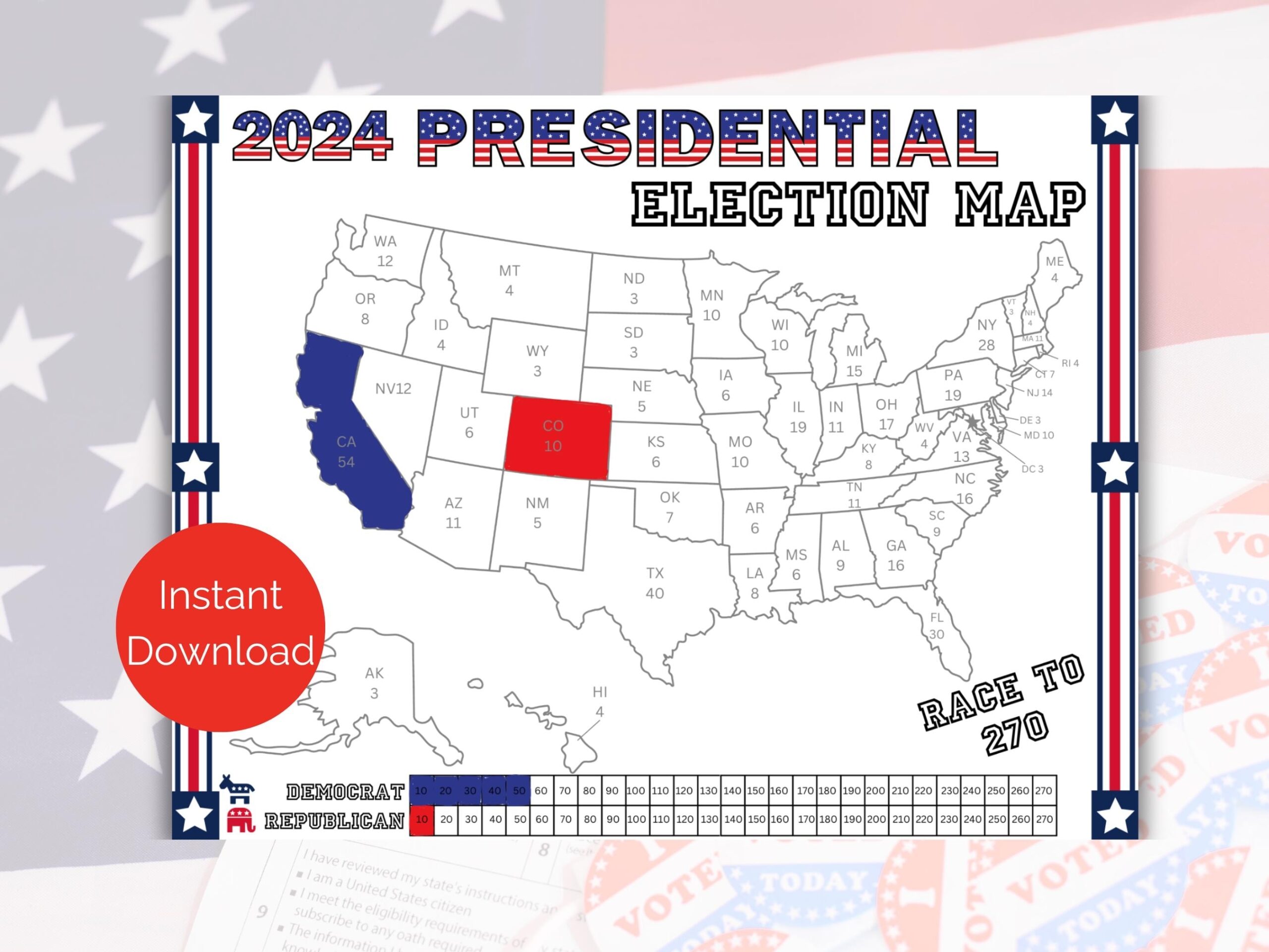 2024 Presidential Election Map Electoral College Vote Tracker Kids Activity Sheet Printable Electoral College Map For Election Night Etsy