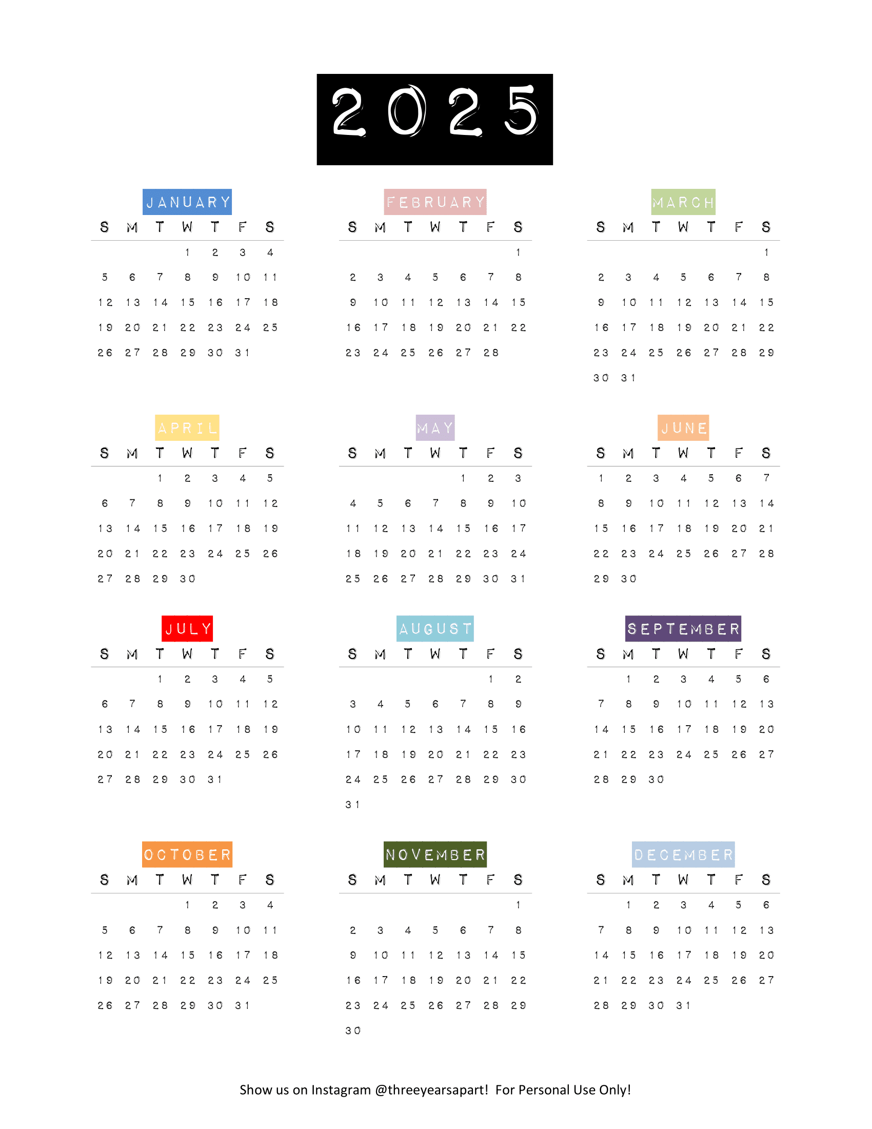 2025 Calendar Printable For Bullet Journal