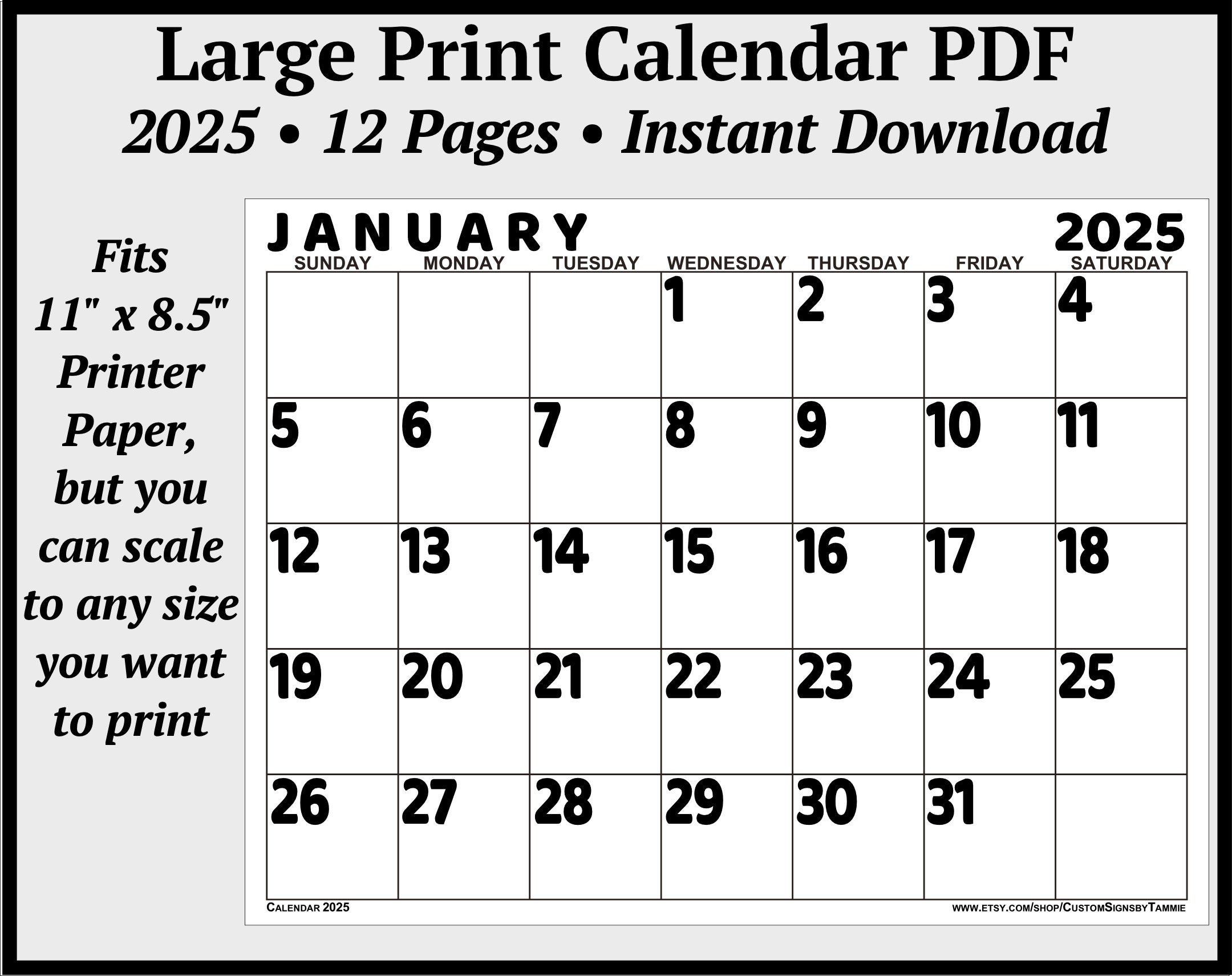 Large Font 2025 Calendar Printable For Seniors
