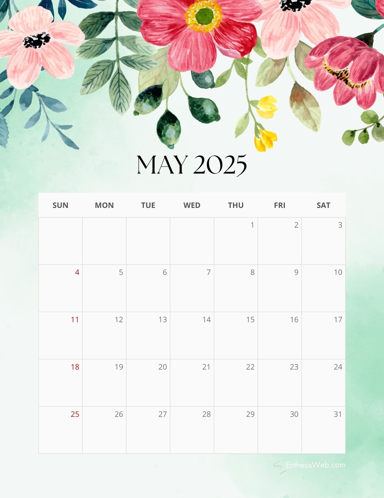 Floral 2025 Calendar Printable Design