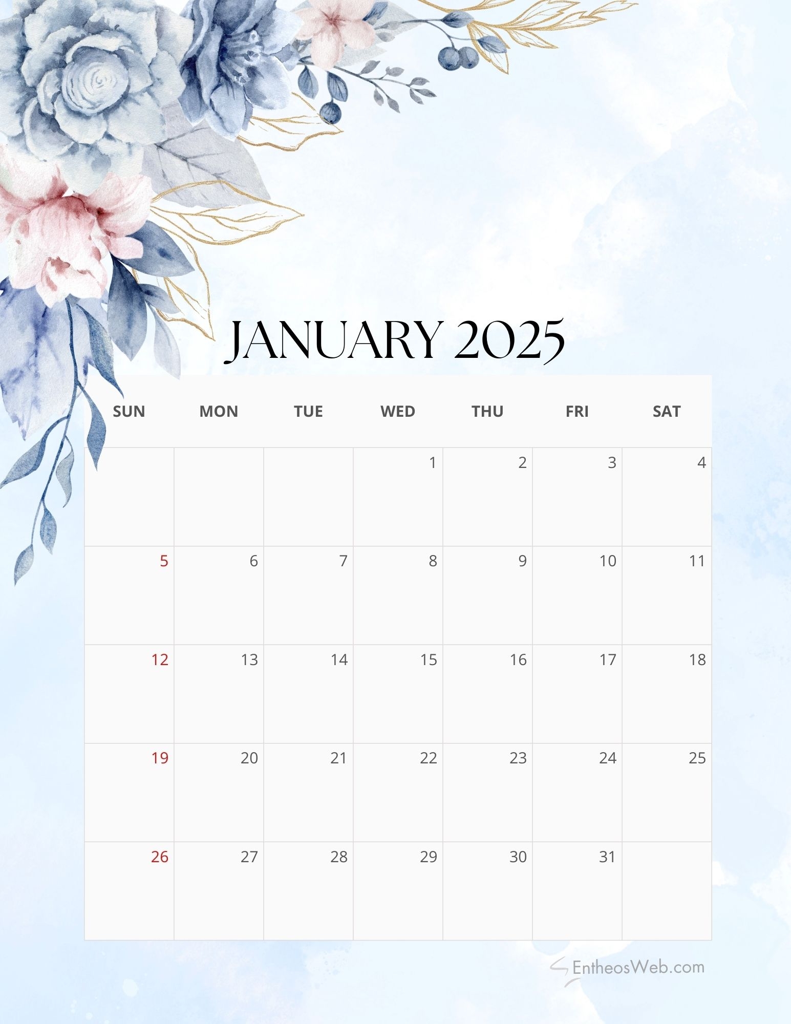 Floral 2025 Calendar Printable Design