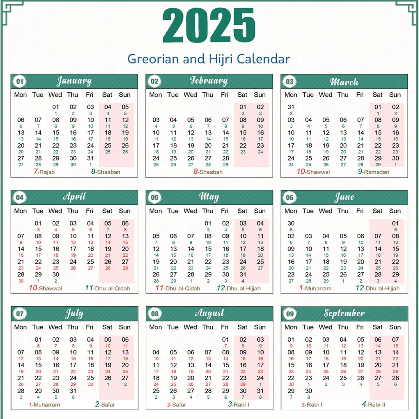 2025 Calendar Printable With Islamic Holidays