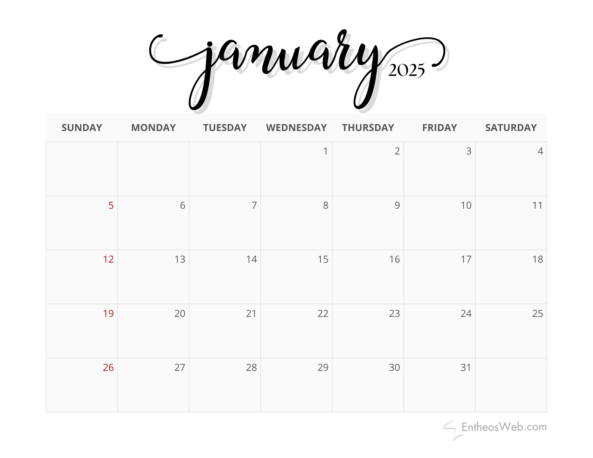 Black And White 2025 Calendar Printable