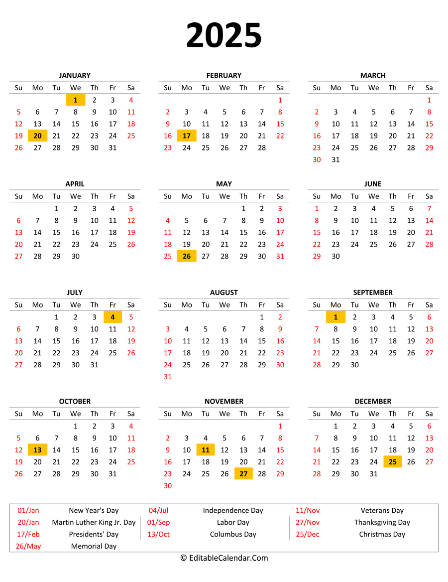 Free 2025 Calendar Printable With Holidays