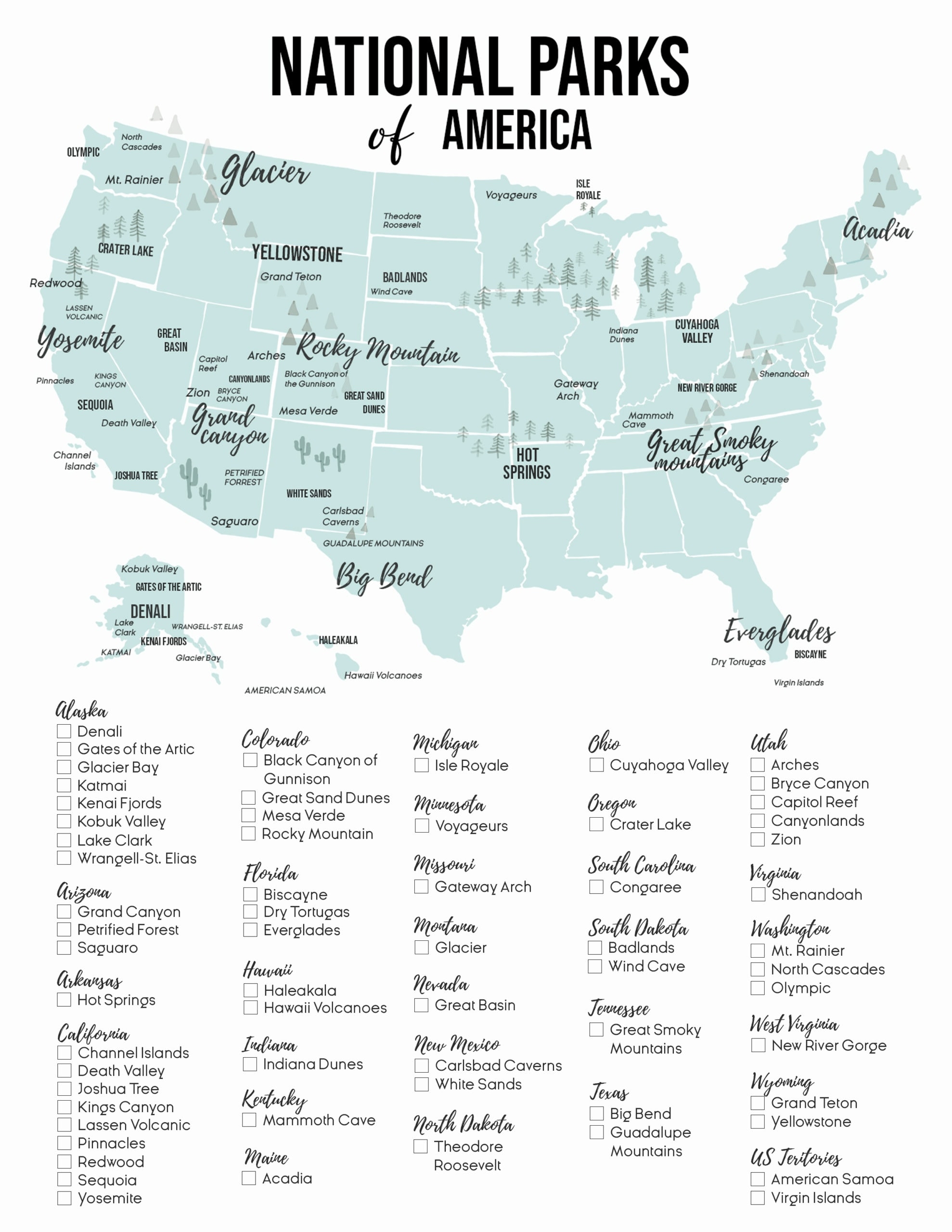 printable national parks map