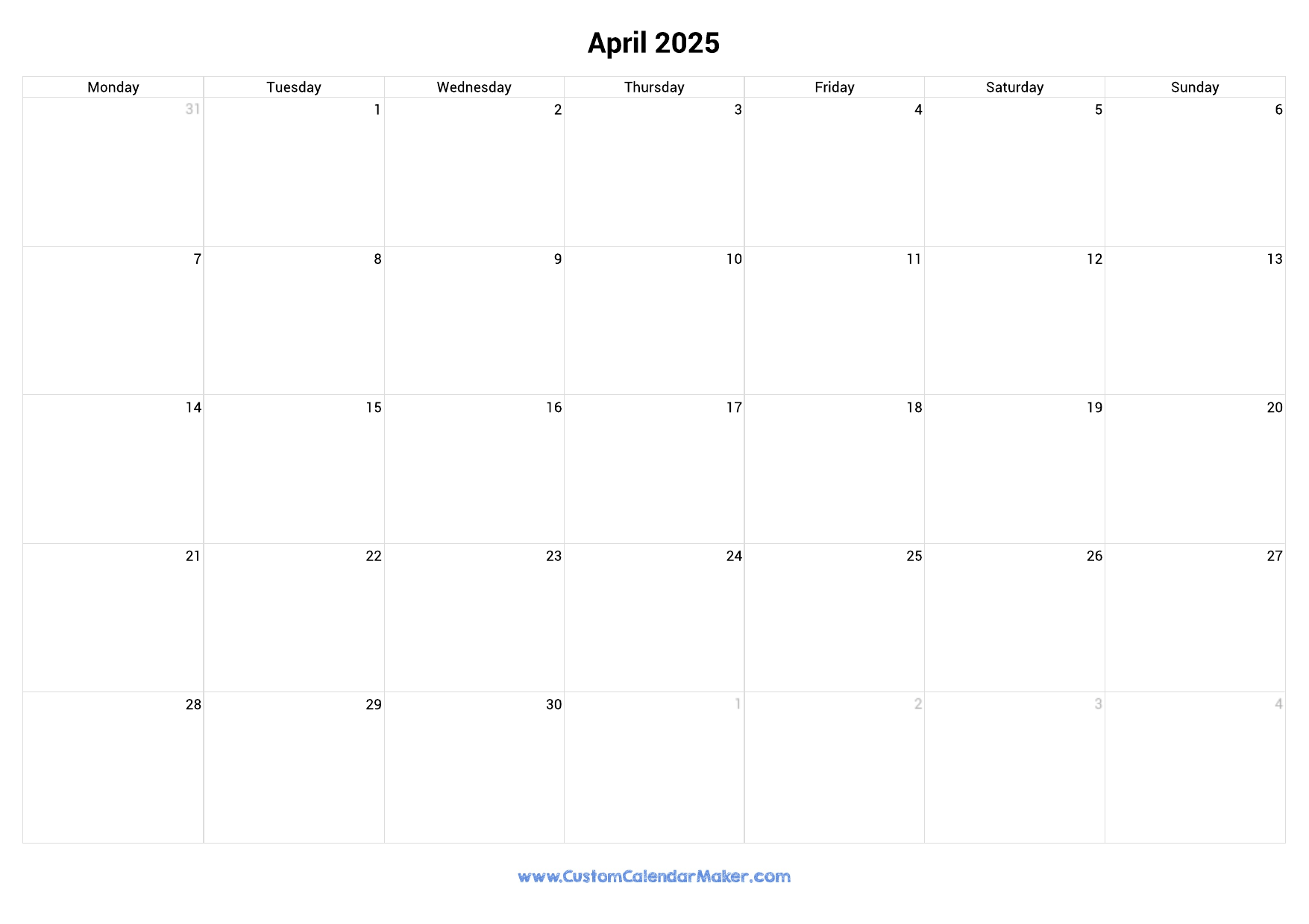 2025 Calendar Printable With Monday Start