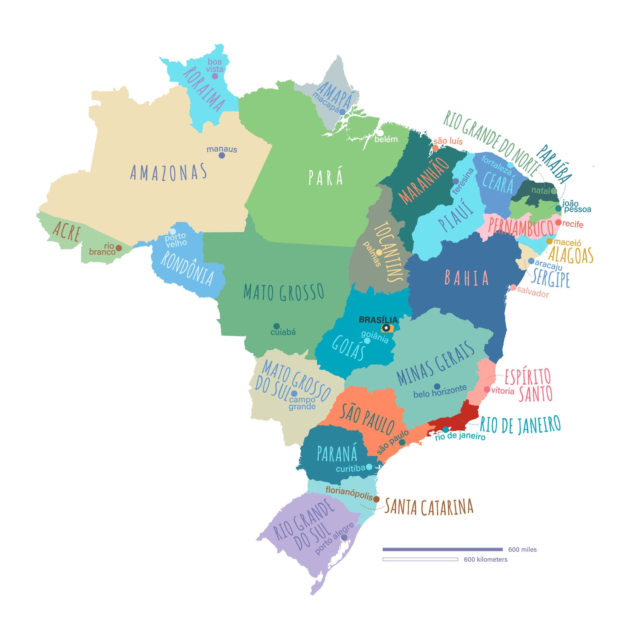 Brazil Map PRINTABLE Brazil States And Capitals Labeled Brazil Map With Capital Modern Home Decor P573 Etsy