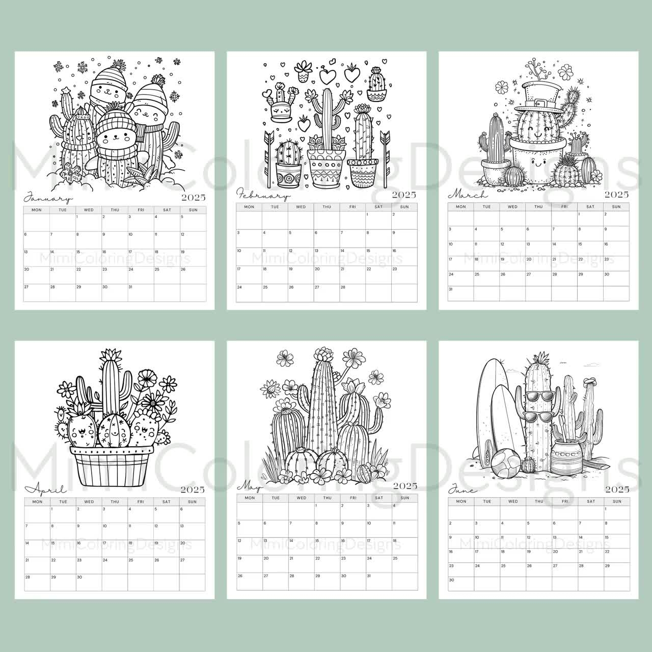 Cactus Coloring Calendar 2025 Printable 2025 Monthly Planner Cactus Calendar Cactus Lover Gift Wall Calendar Printable PDF Etsy