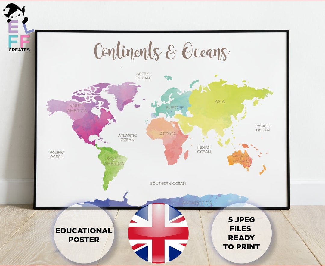 CONTINENTS AND OCEANS Poster World Map Educational Printable Learning Resources Classroom Wall Art Printable Poster Kids Room Etsy