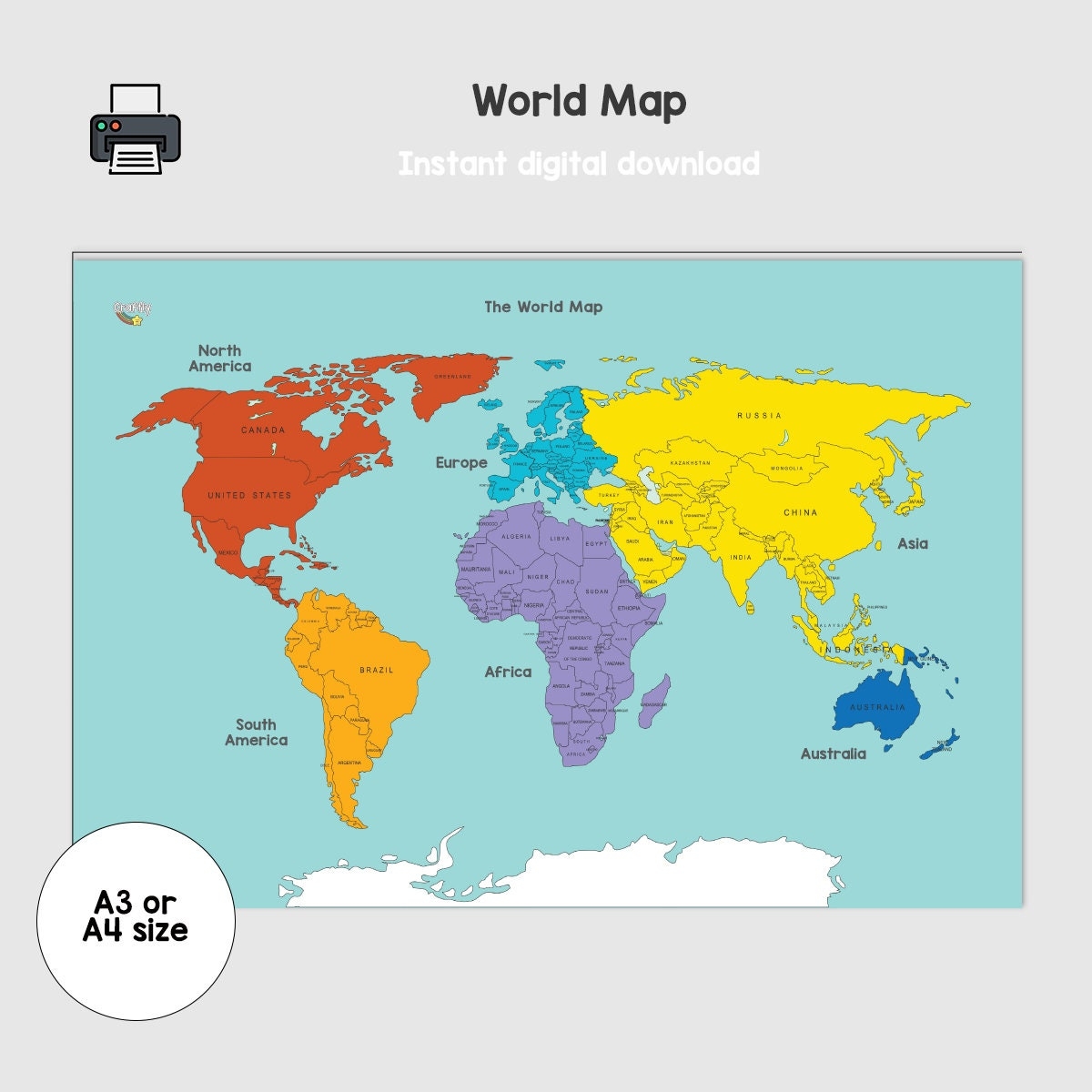 Digital Download World Map For Kids And Children Teachers And Schools Educational Learning Resources Countries And Geography Printables Etsy