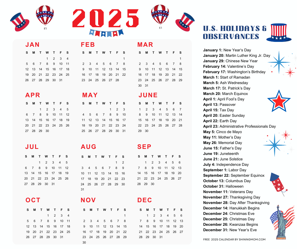 2025 Calendar Printable With US Federal Holidays