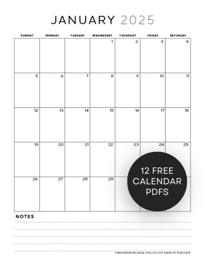 2025 Calendar Printable With Notes Section
