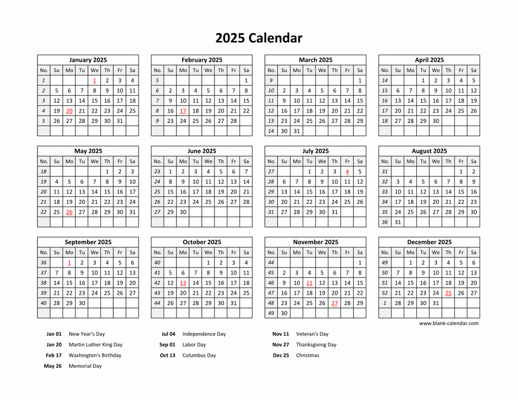 2025 Calendar Printable With US Federal Holidays