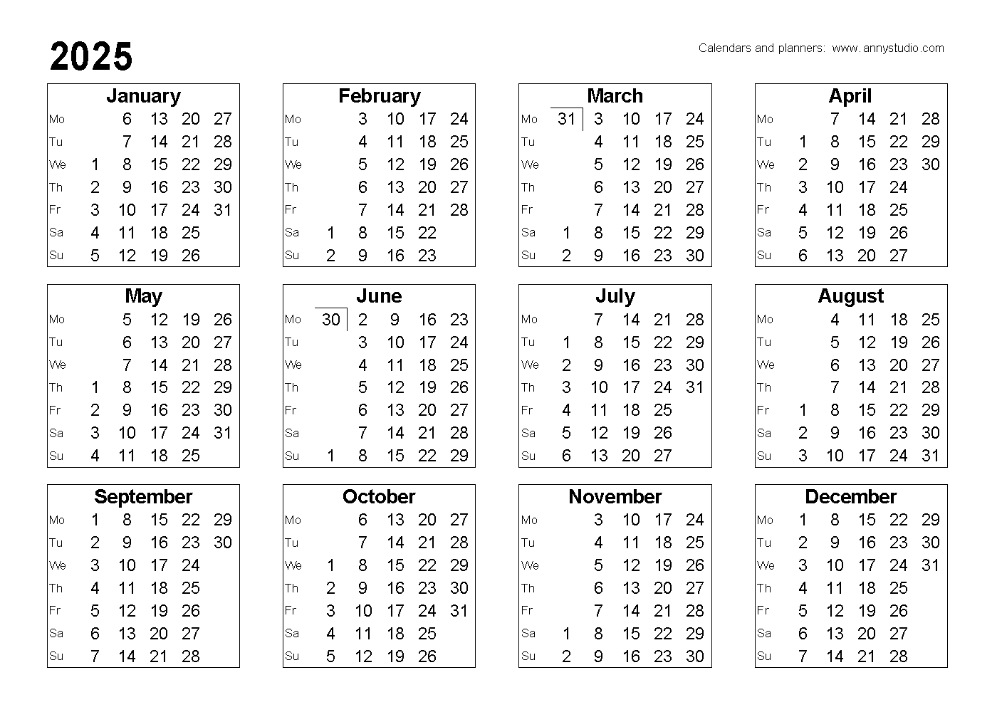 2025 Calendar Printable Landscape Format