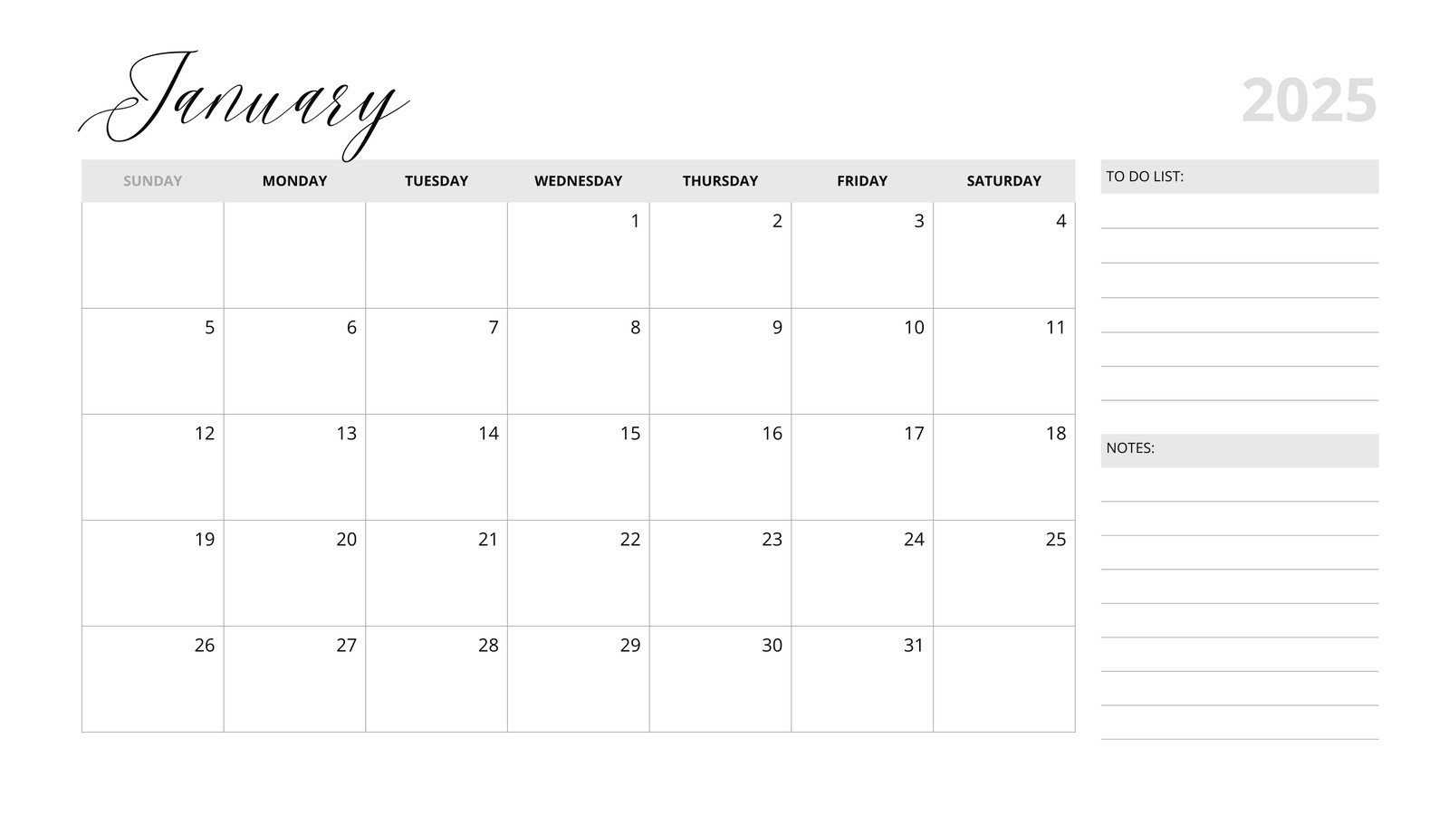 Minimalist 2025 Calendar Printable Template