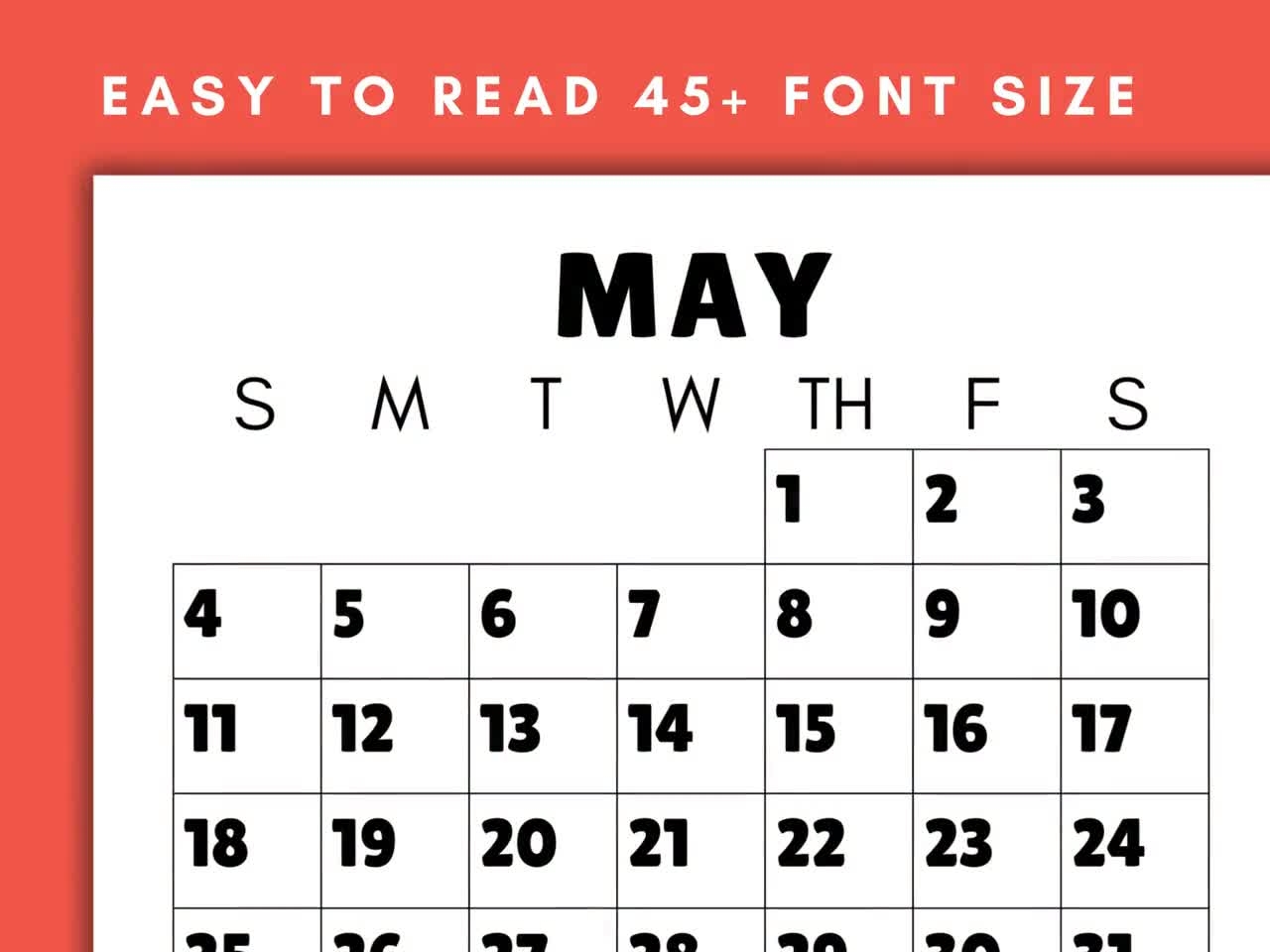 Large Print Monthly Calendar 2025 Senior Citizen Calendar With Large Numbers Sunday Start Printable PDF Etsy