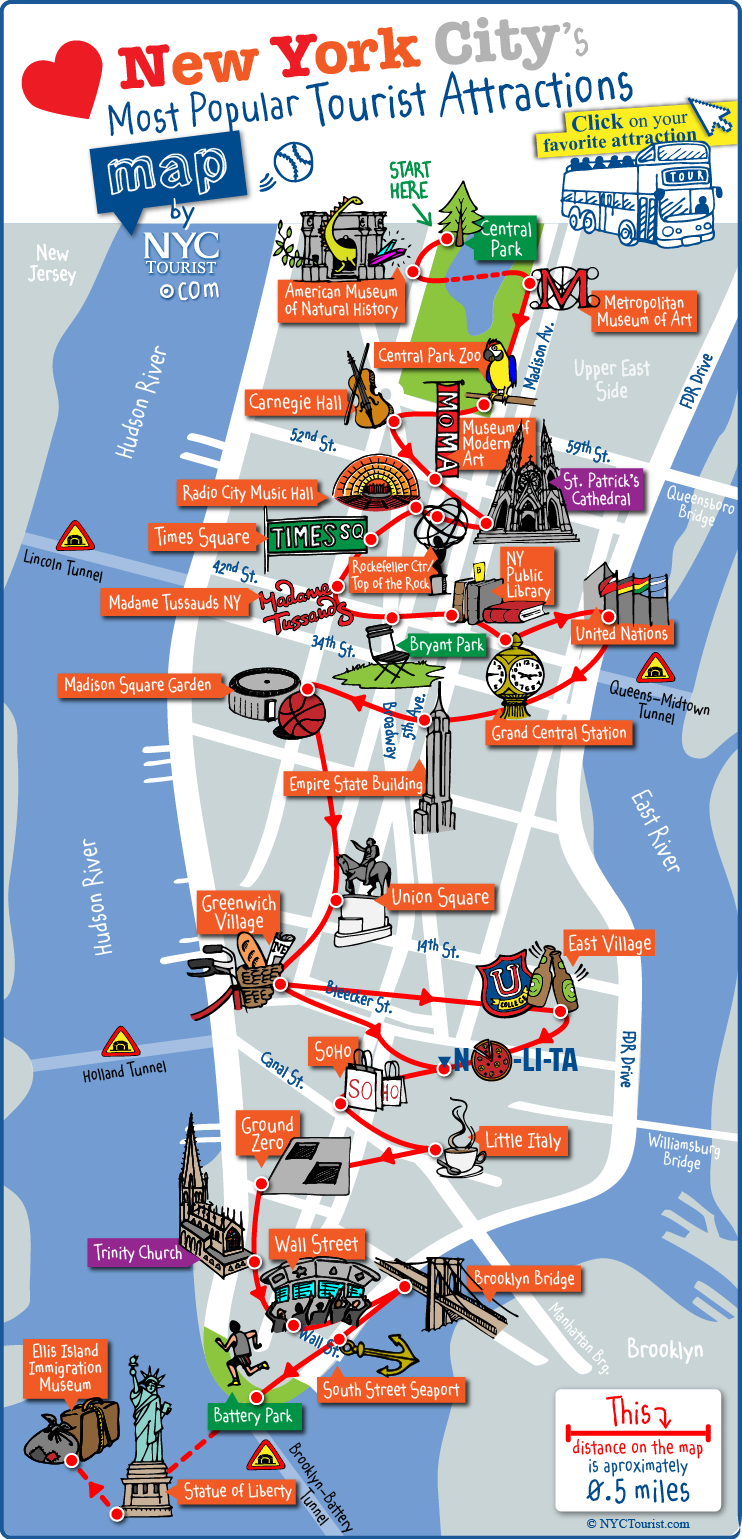 Map Of NYC Tourist Attractions Sightseeing Tourist Tour