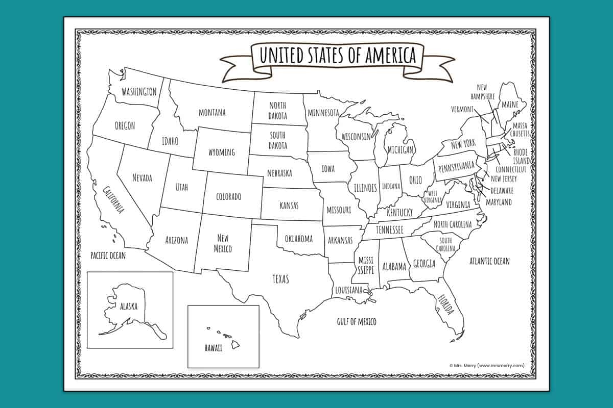 united states map labeled printable
