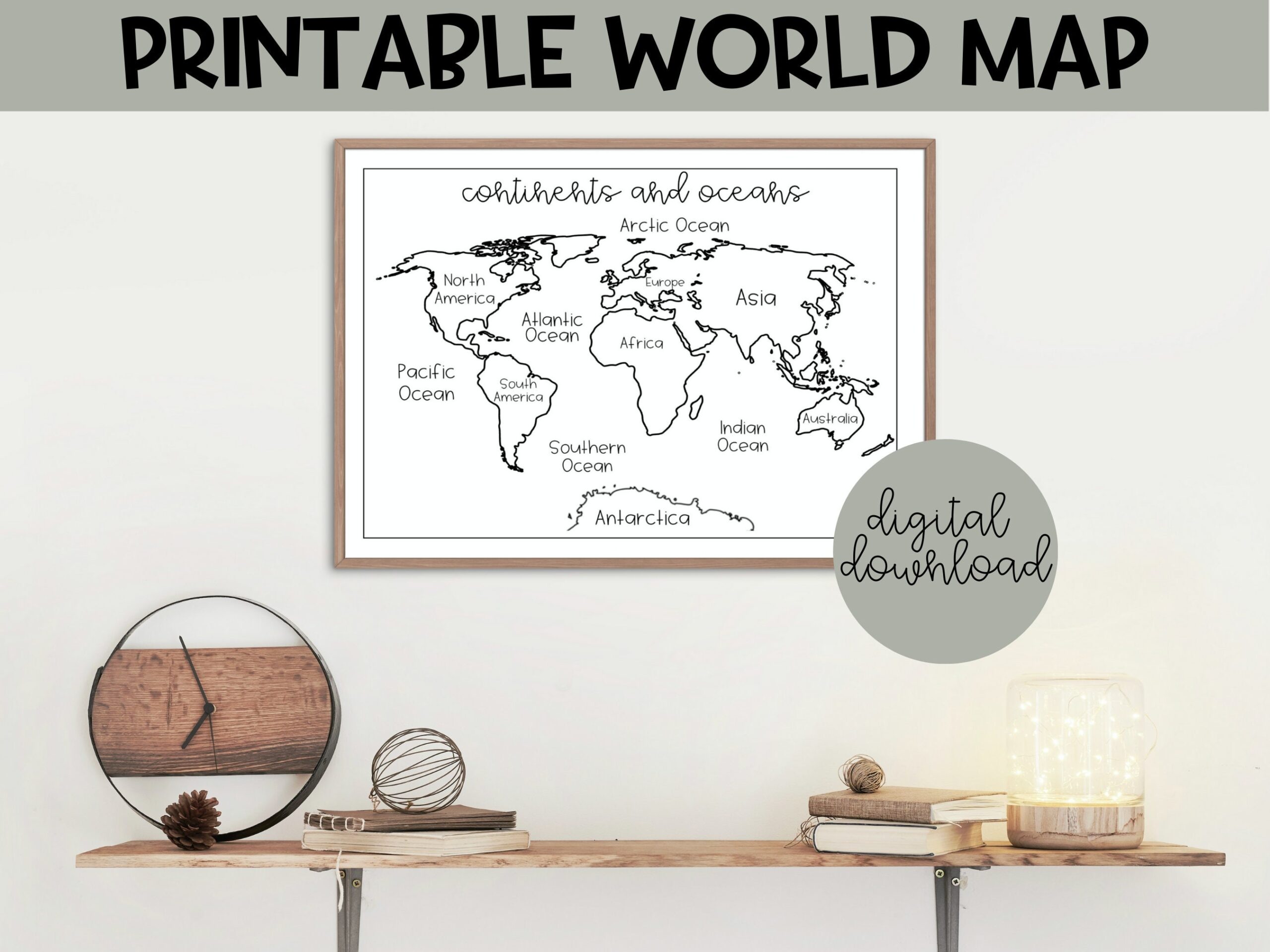Printable World Map Black And White World Map Continents And Oceans Coloring Sheet Geography Worksheet World Map Print Minimalist Etsy