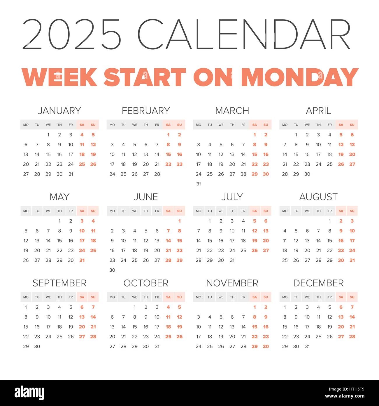 Simple 2025 Year Calendar Week Starts On Monday Stock Vector Image Art Alamy
