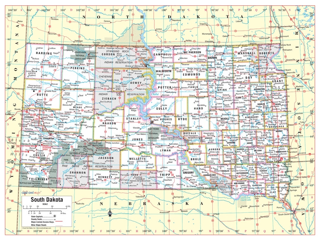 SOUTH DAKOTA State Wall Map Large Print Poster 32 wx24 h Etsy