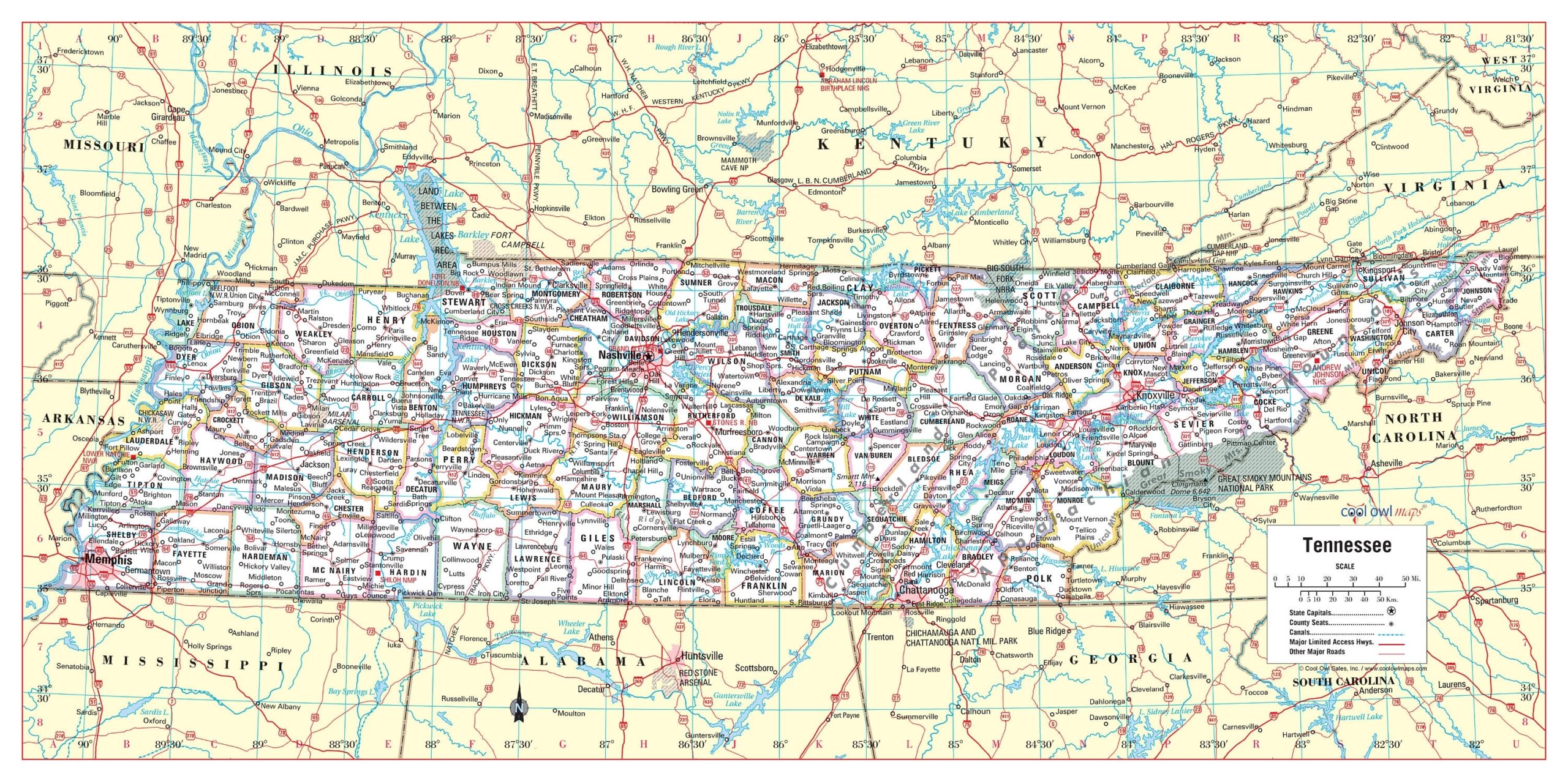 Tennessee State Wall Map Large Print Poster 36 wx18 h Etsy