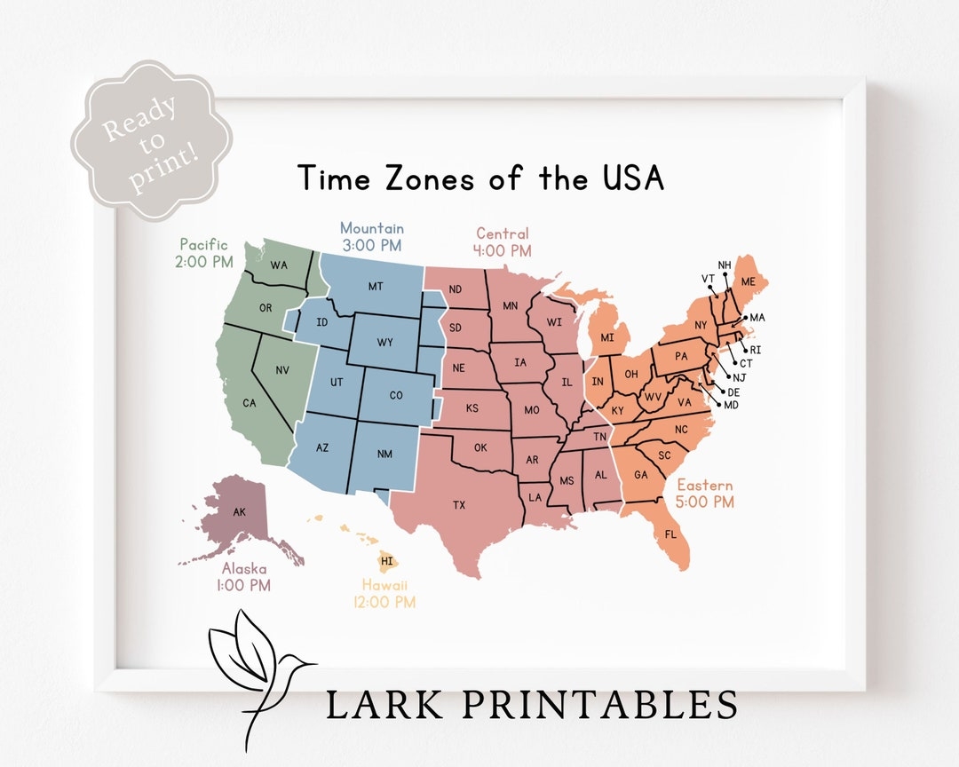 Time Zones Of The USA Map Educational Poster Printable Geography Classroom Wall Decor Montessori Homeschool Resource Time Zone United States Etsy