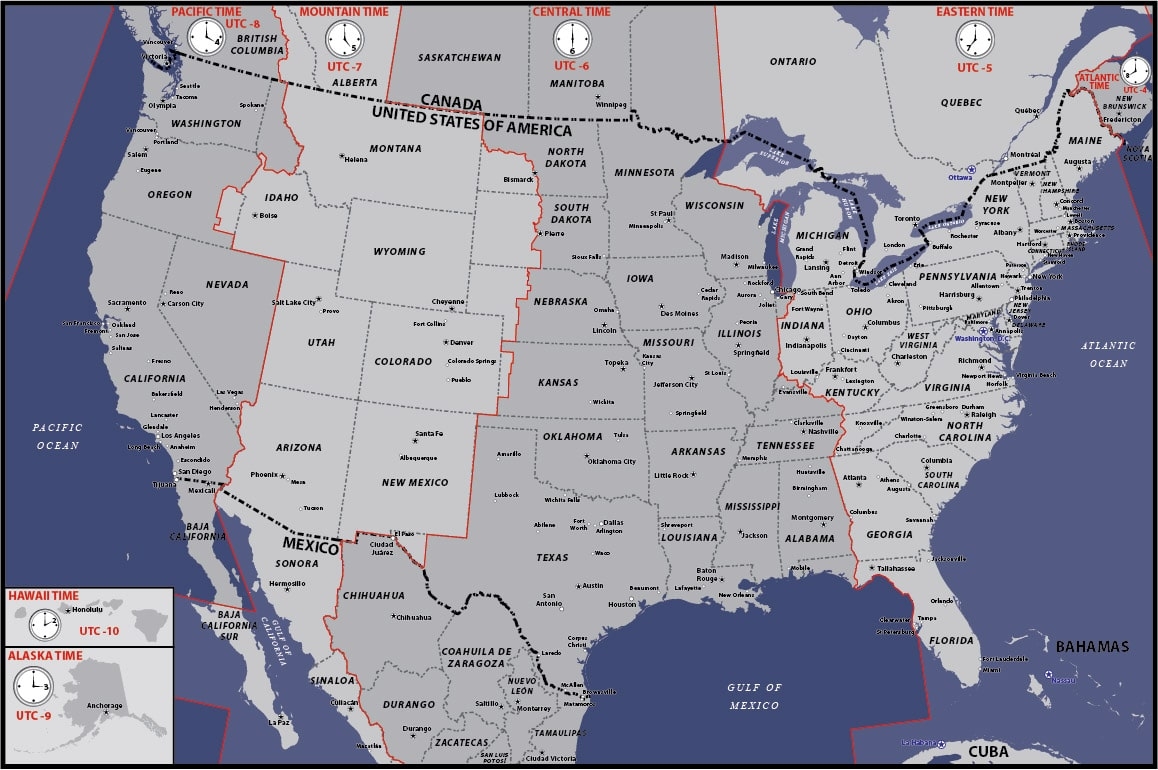 printable map of time zones usa