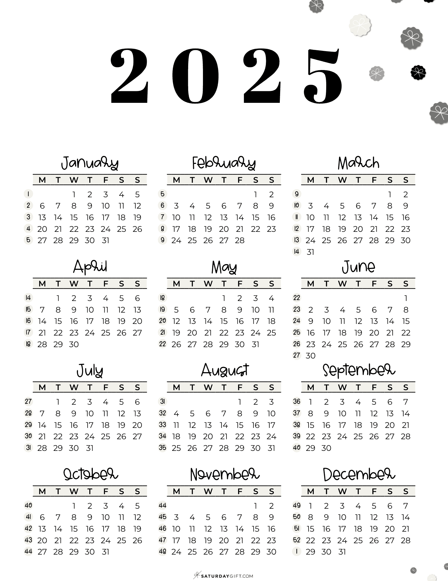 2025 Calendar Printable With Week Numbers