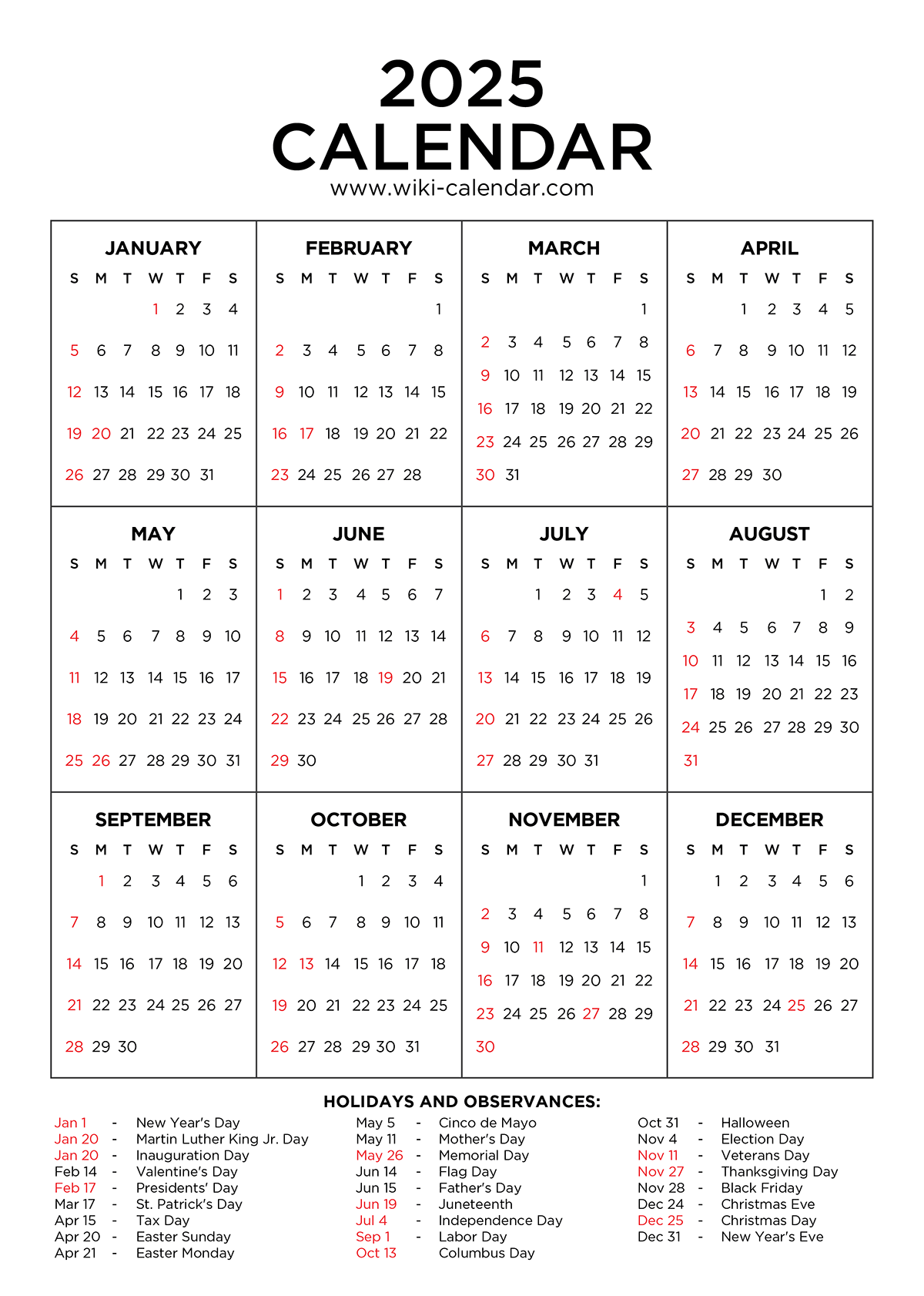 Free 2025 Calendar Printable With Holidays