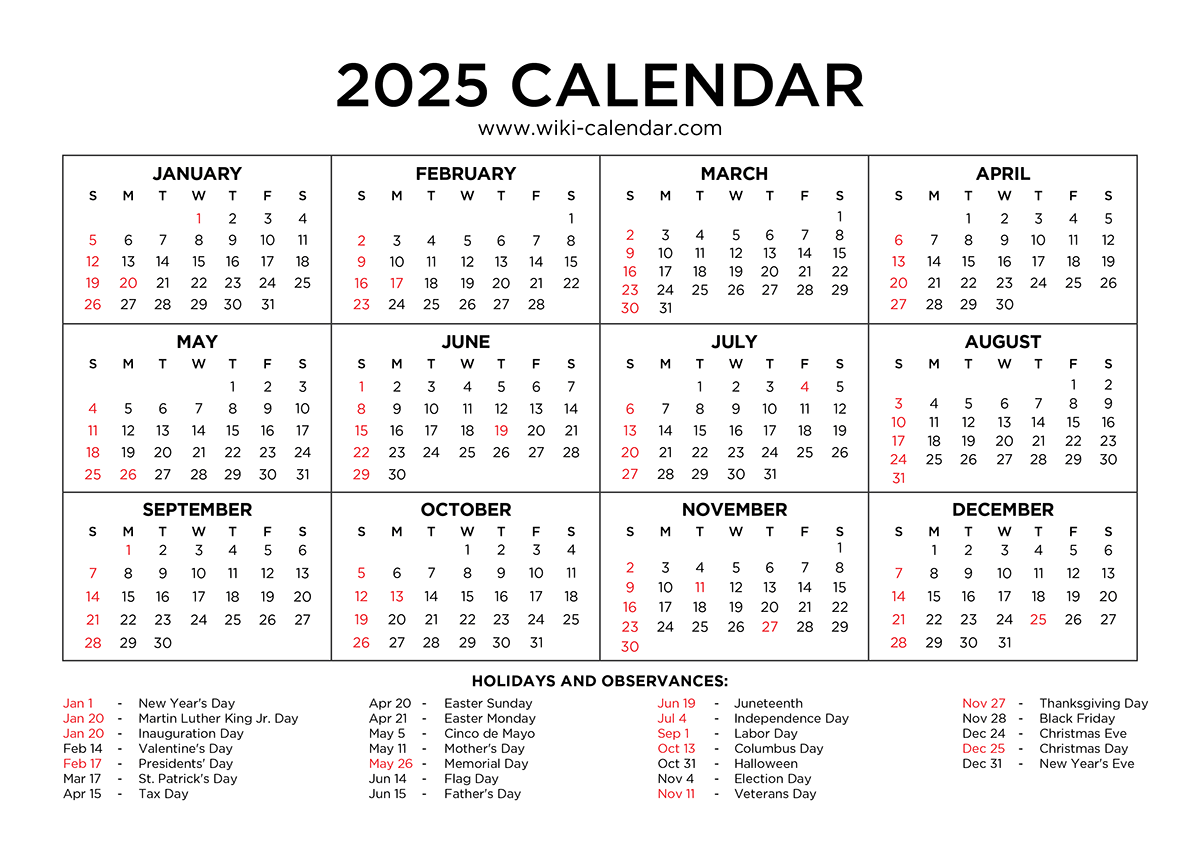 2025 Calendar Printable For Wall Display