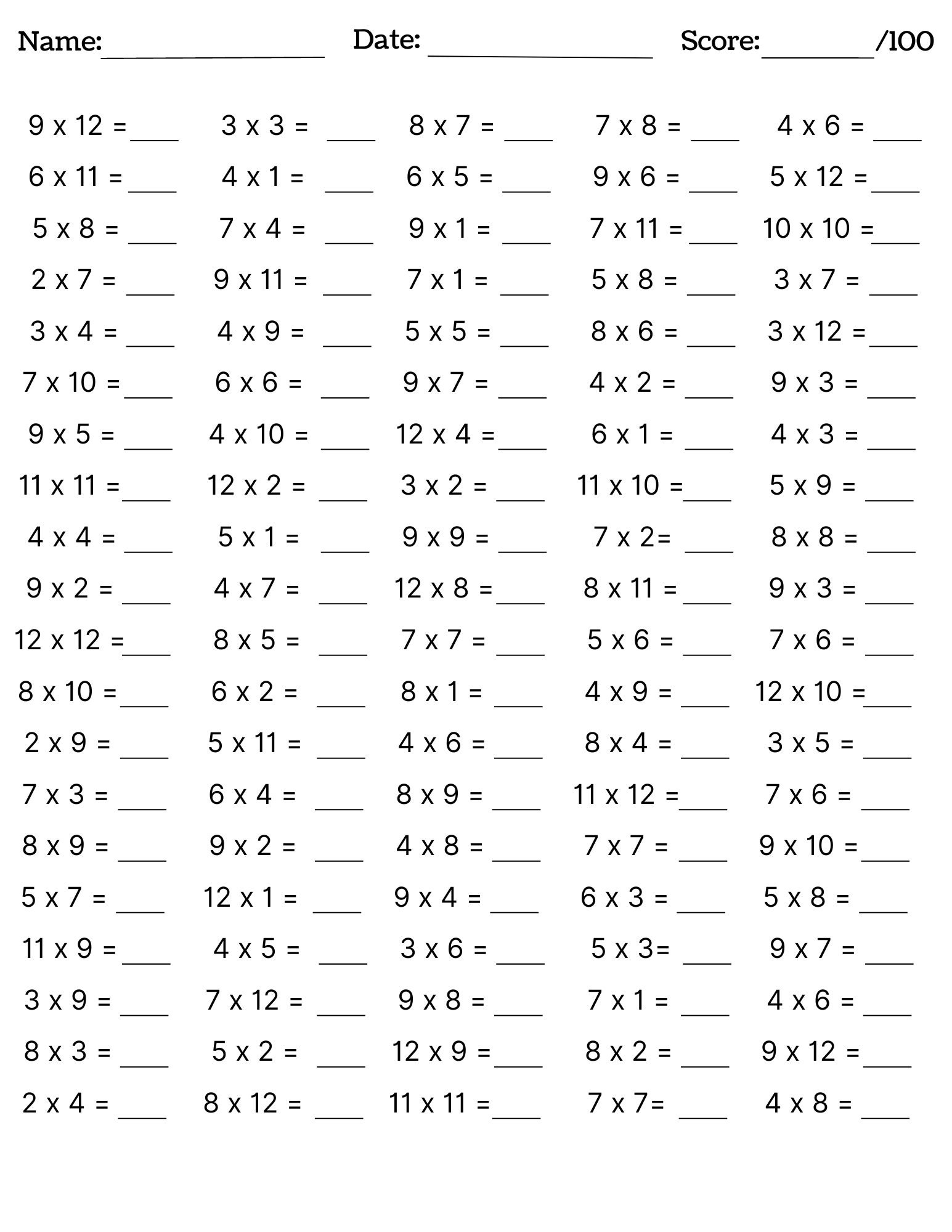 Multiplication Practice Printable