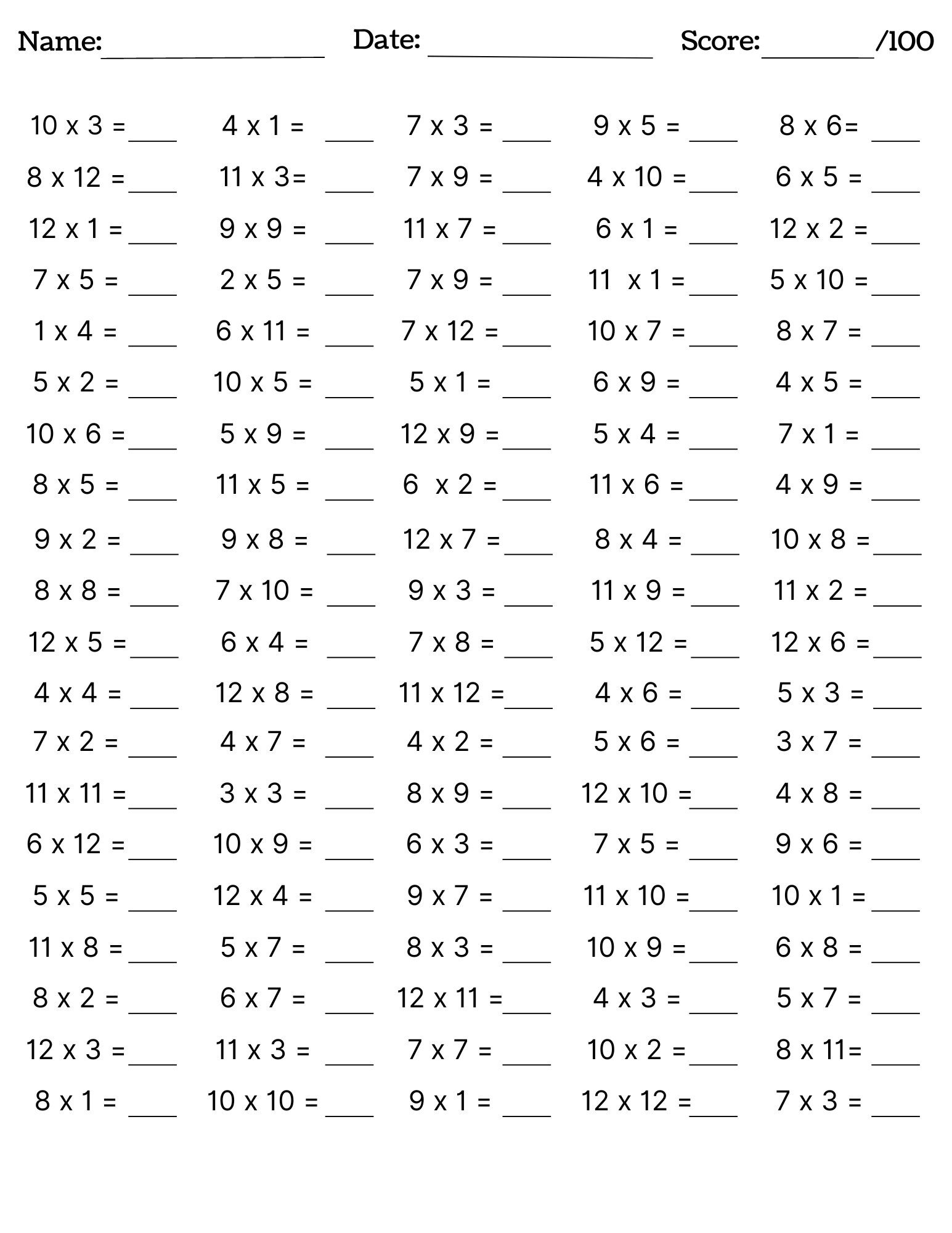 Multiplication Sheets Printable