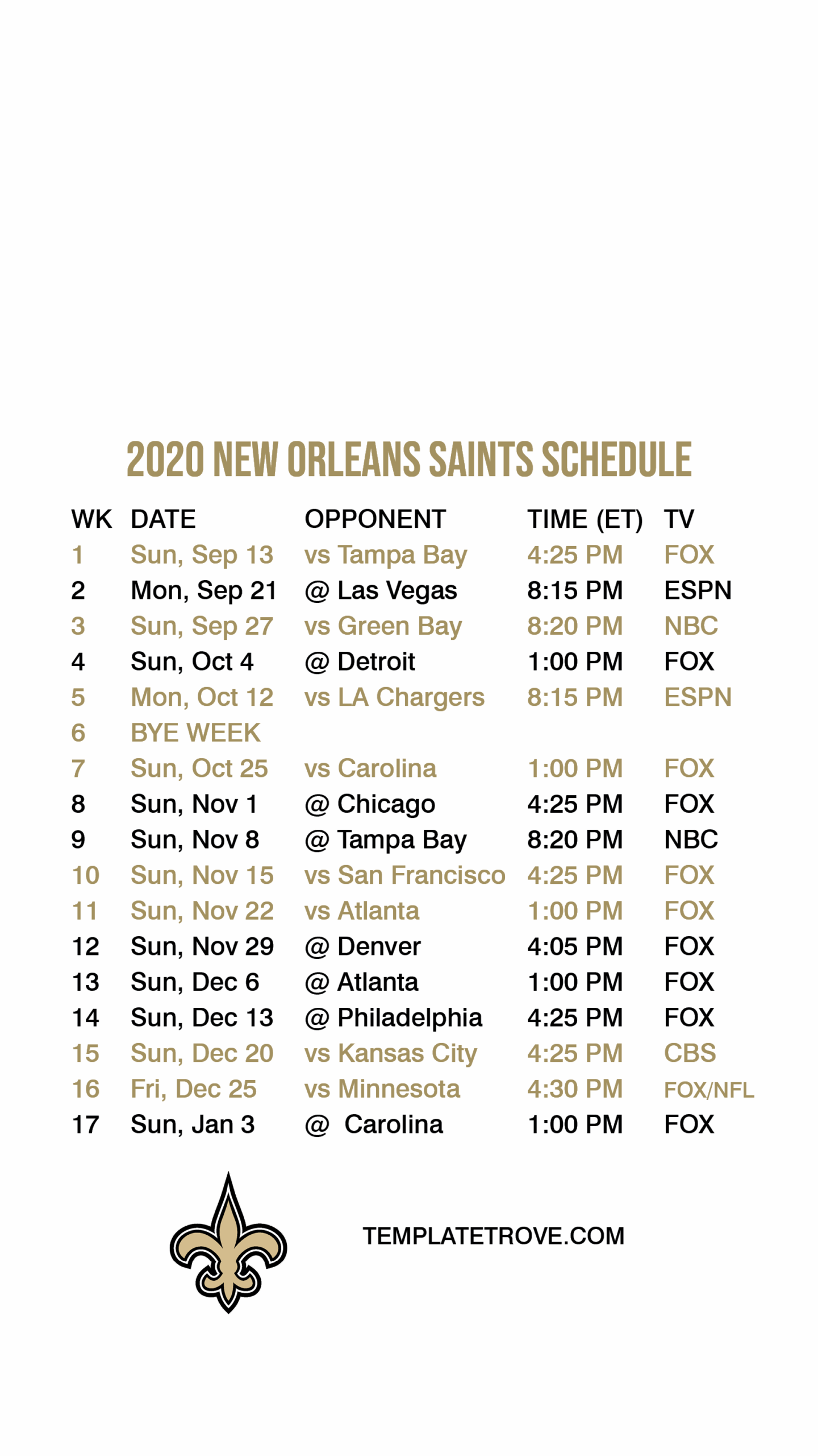 2020 2021 New Orleans Saints Lock Screen Schedule For IPhone 6 7 8 Plus