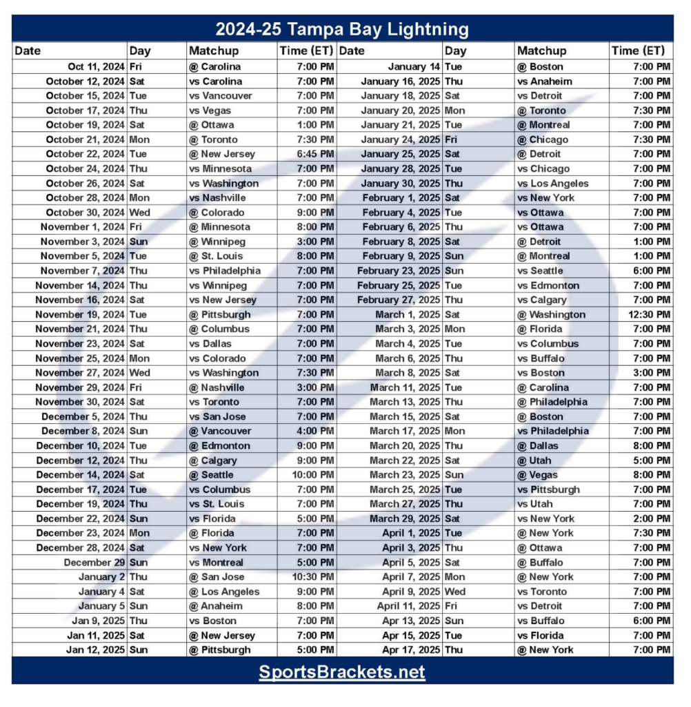 2025 26 Tampa Bay Lightning Schedule Printable PDF Format Sports Brackets