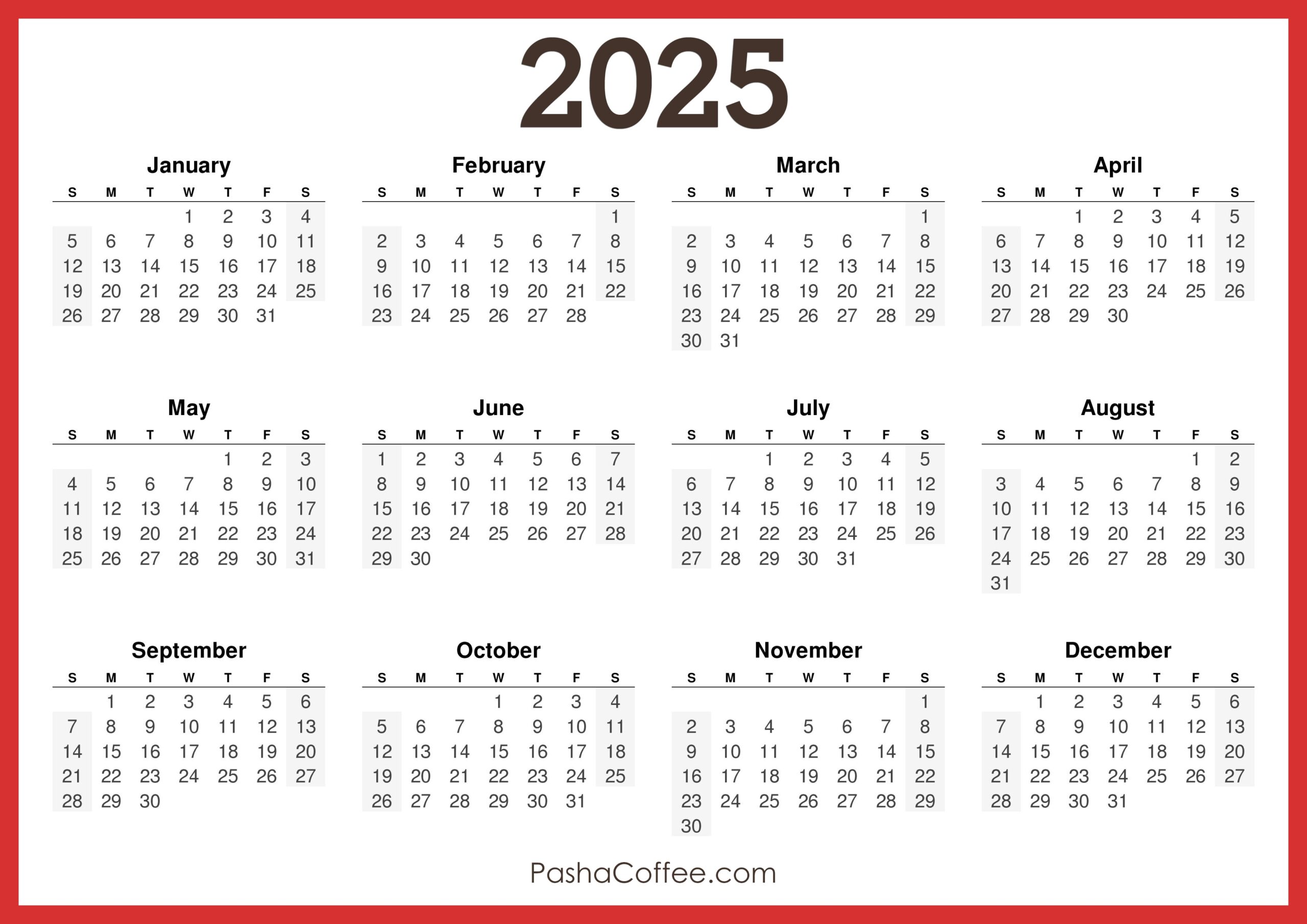 2025 Calendar Printable Free Horizontal Red PashaCoffee