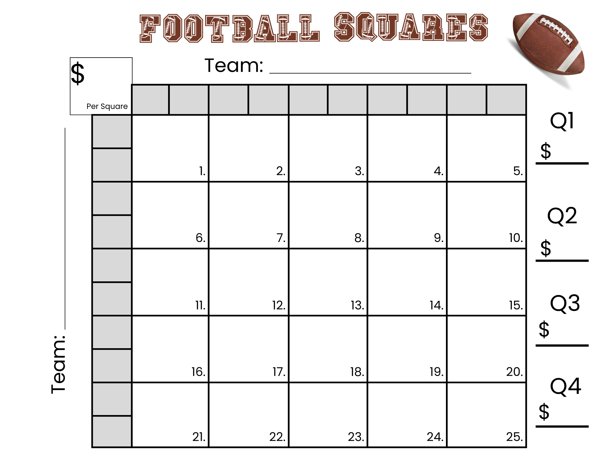 25 Football Squares Game Printable 5 5 Football Squares Instant  25 Football Squares Game Printable 5 5 Football Squares Instant