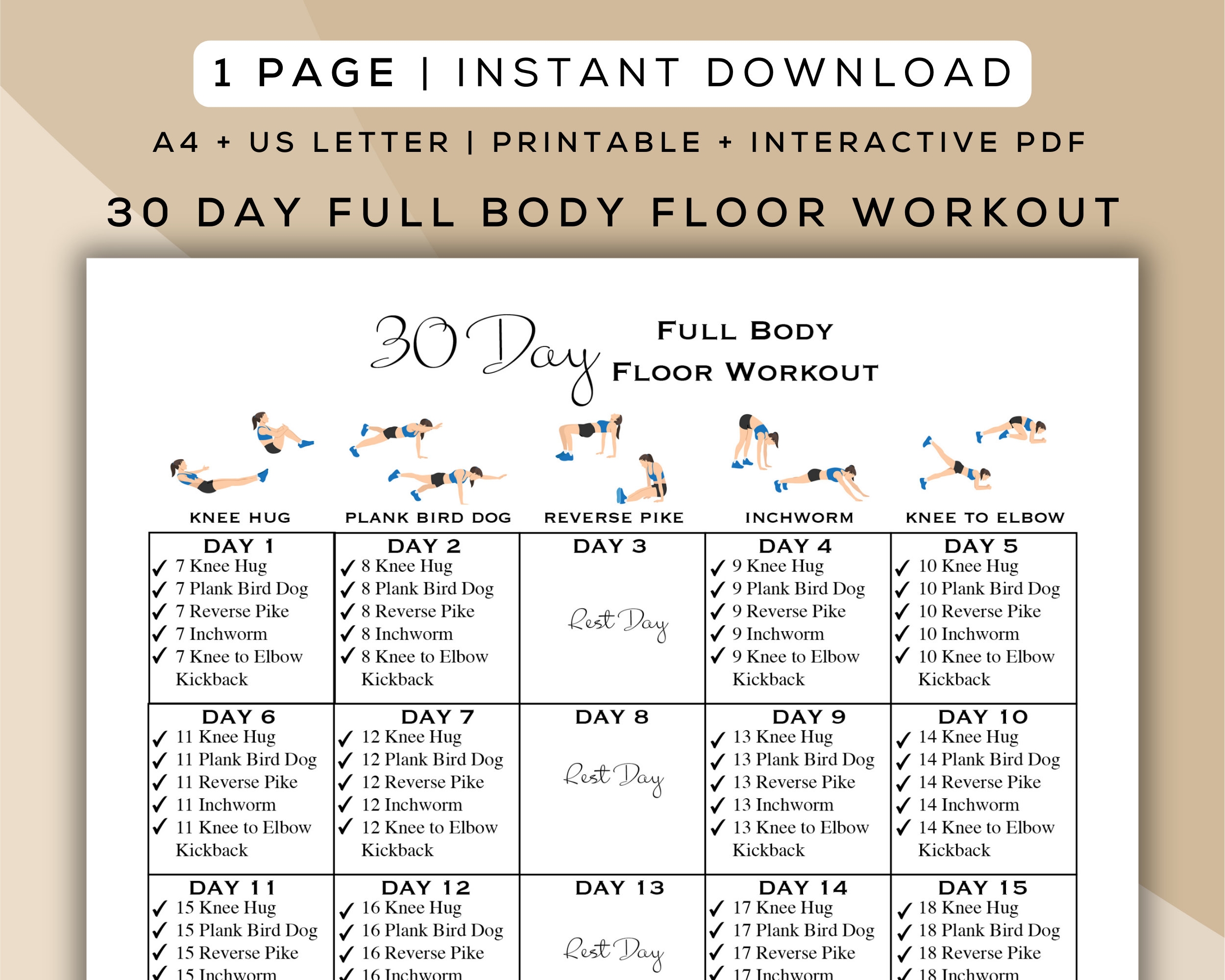 30 Day Full Body Floor Workout Printable Interactive PDF Easy To Follow Beginner Friendly Digital Home Workout Guide A4 US Letter Etsy Canada