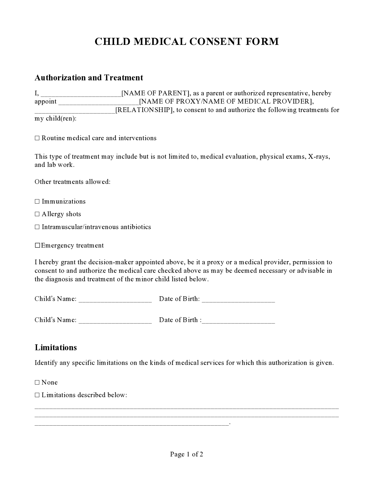 free printable medical consent form for minor
