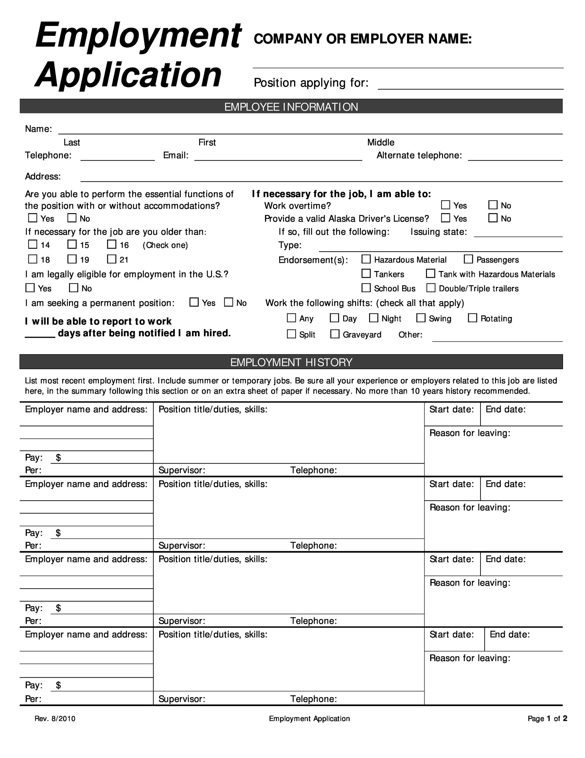 generic application for employment printable