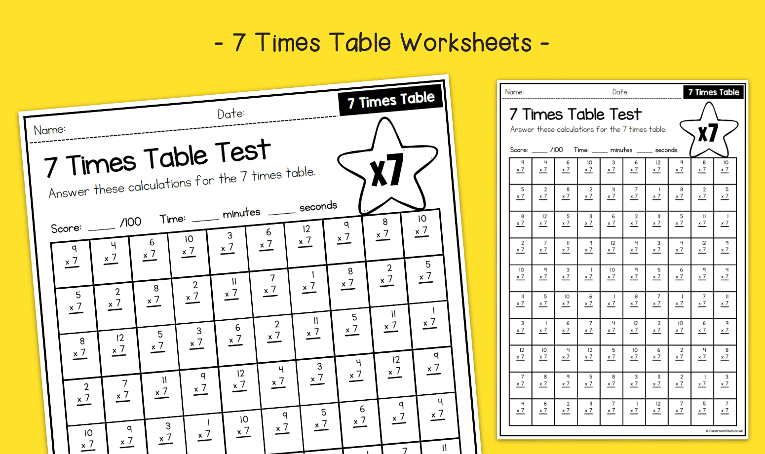 7 Times Table Speed Test Activity Worksheets KS2 Multiplication Primary Maths