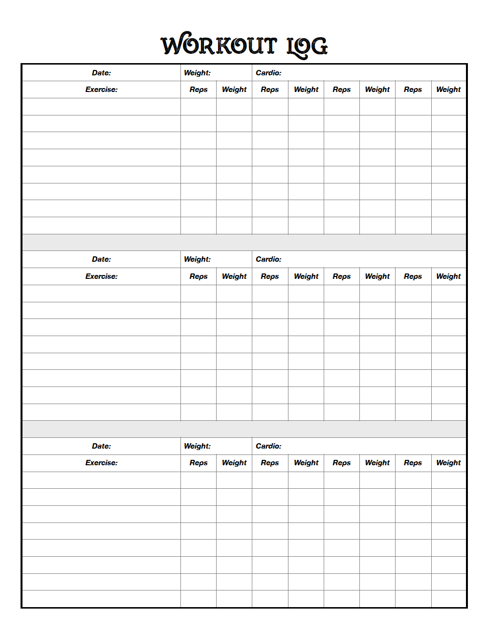printable workout tracker