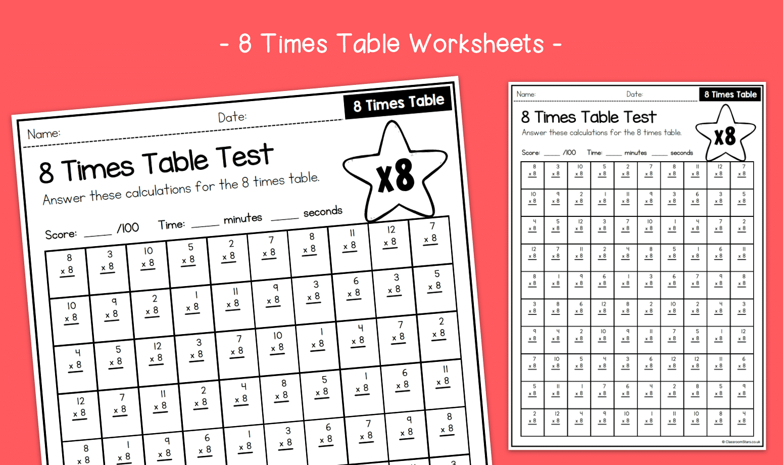 8 Times Table Speed Test Activity Worksheets KS2 Multiplication Primary Maths