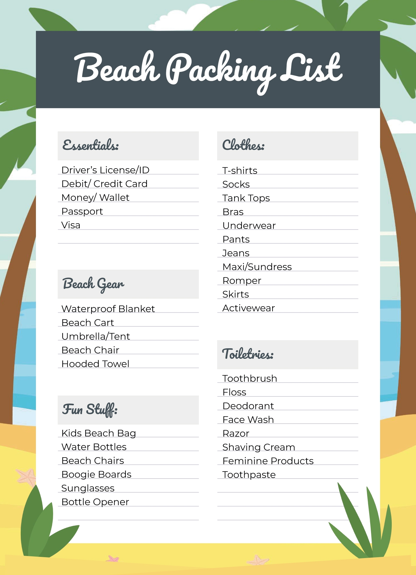 Beach Packing List Free Google Docs Template Gdoc io Worksheets Library