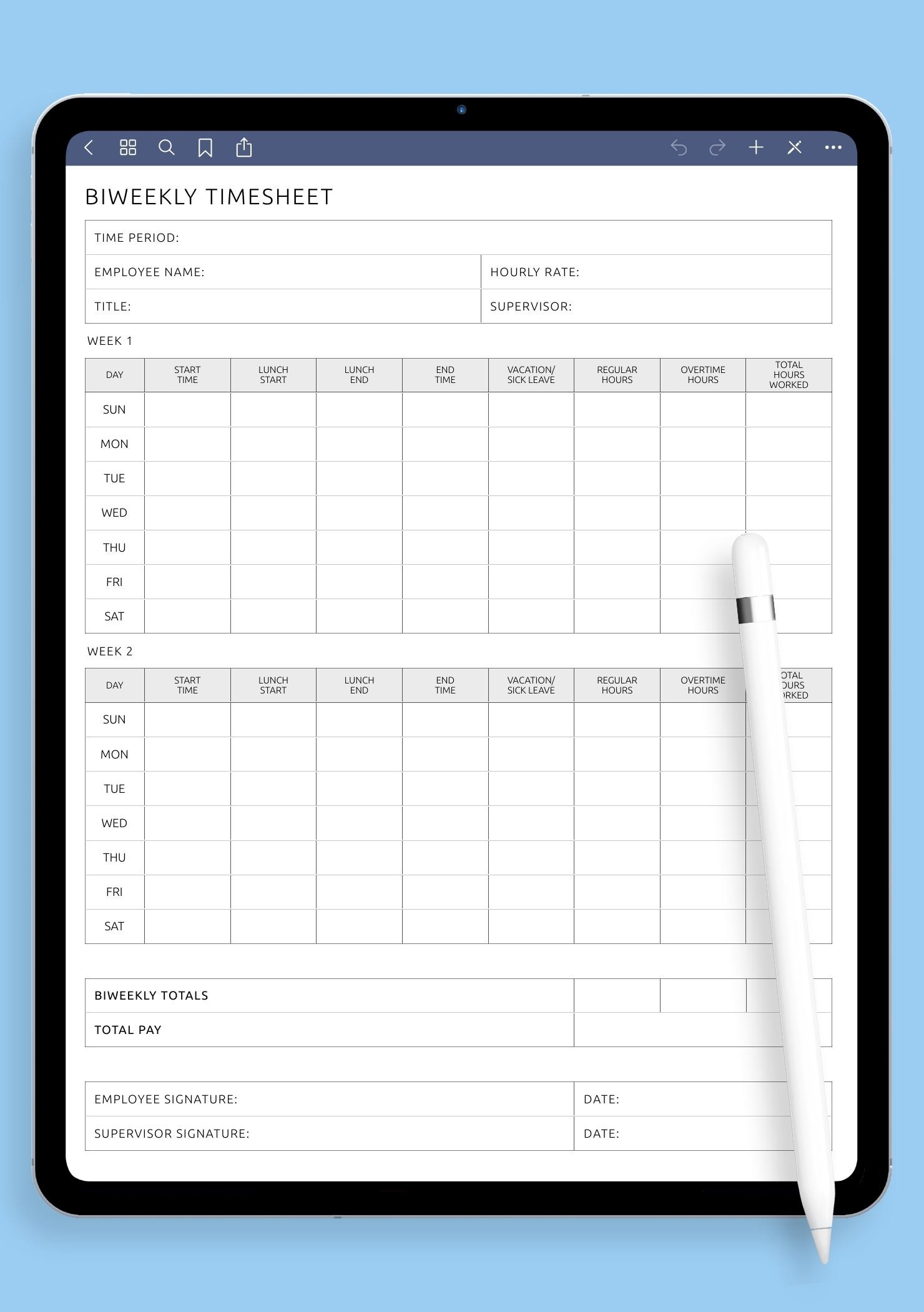 Biweekly Timesheet Template Digital U0026 Printable PDF Format