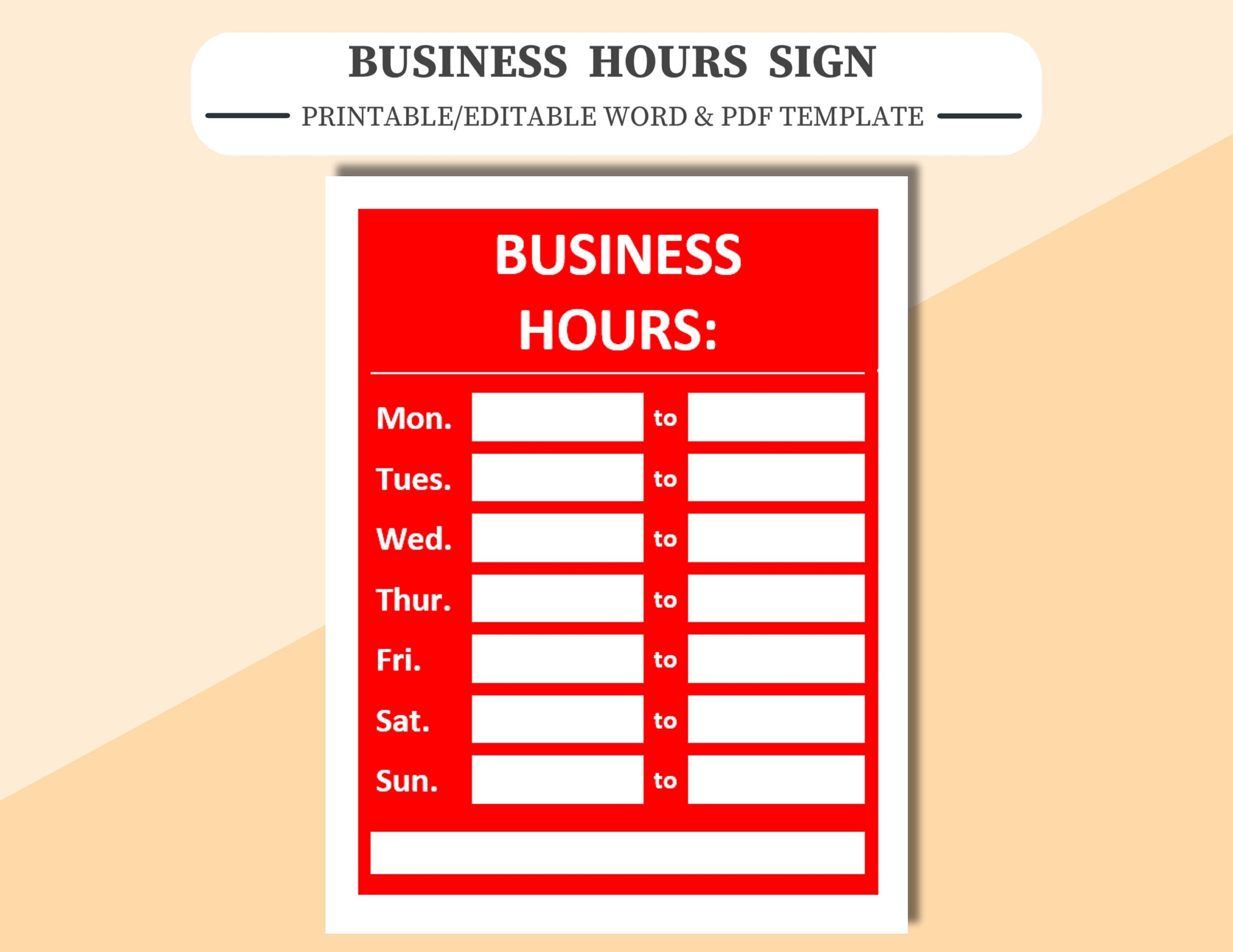 Business Hours Sign Printable editable Word U0026 PDF Template Store Hours Sign Etsy