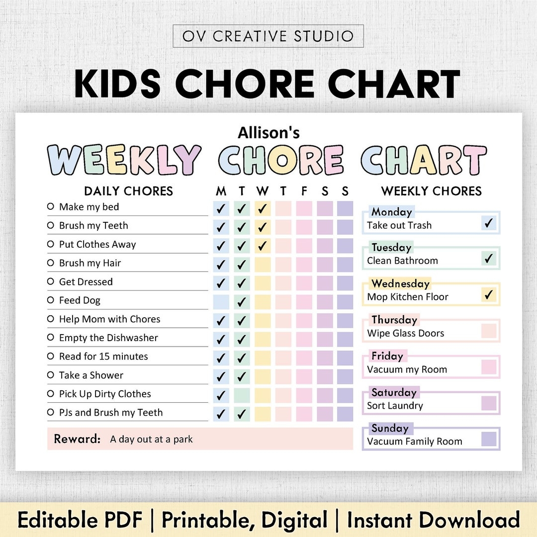 Buy Editable Chore Chart For Kids Printable Kids Daily Weekly Responsibility Chart Kids Chore List Kids Daily Routine Checklist PDF Online In India Etsy