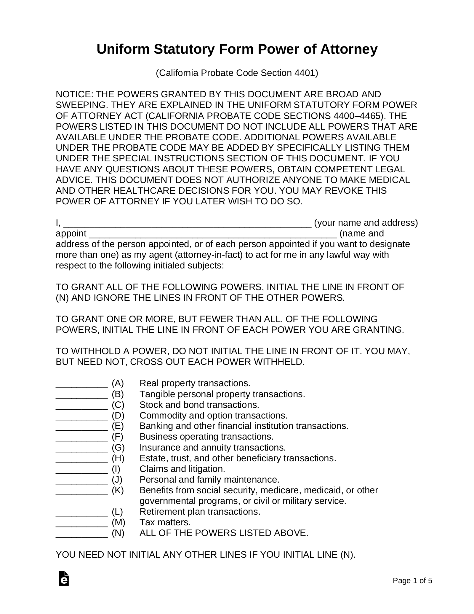 California Power Of Attorney Forms 10 Types EForms
